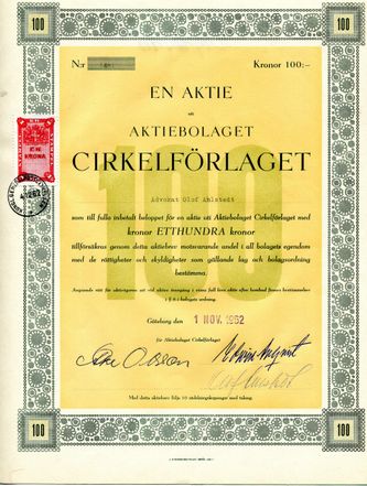 En aktie uti Cirkelförlaget, underskrift av Edwin Ahlqvist.